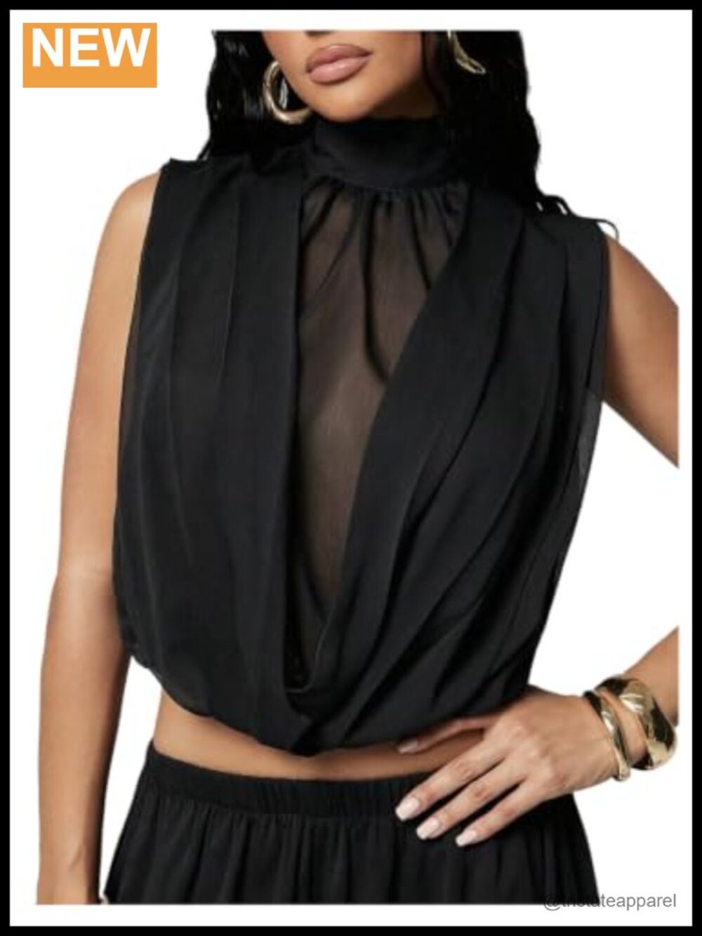 Women's Sleeveless Mock Neck Blouse Sheer Mesh Tie Back Ruched Cocktail